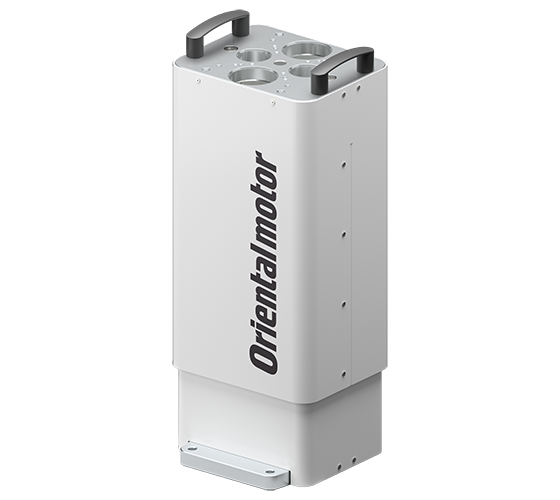 White electric lifting columns with the Oriental Motor logo