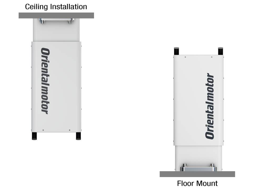 Diagram showing two different installation methods for the electric lifting columns - White with the Oriental Motor logo: Ceiling-mounted on the left side and floor-mounted on the right side
