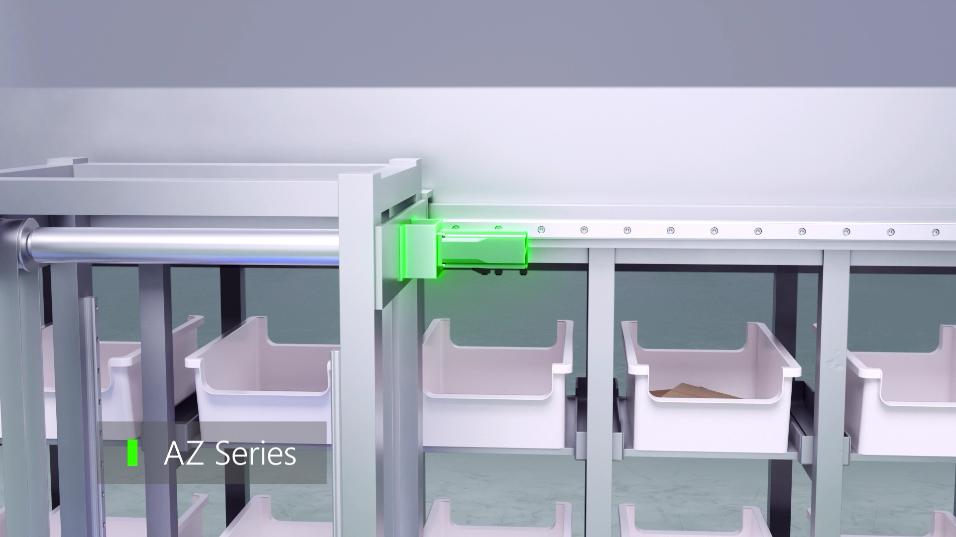 Green electromagnetic brake motor to prevent falling; white storage box in alignment