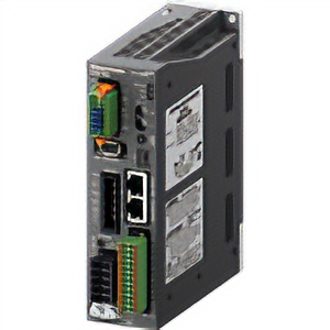 High-precision position control device combining a servo driver with orange terminal block, Ethernet port, and various connection terminals in a black case and a servo motor with silver flange
