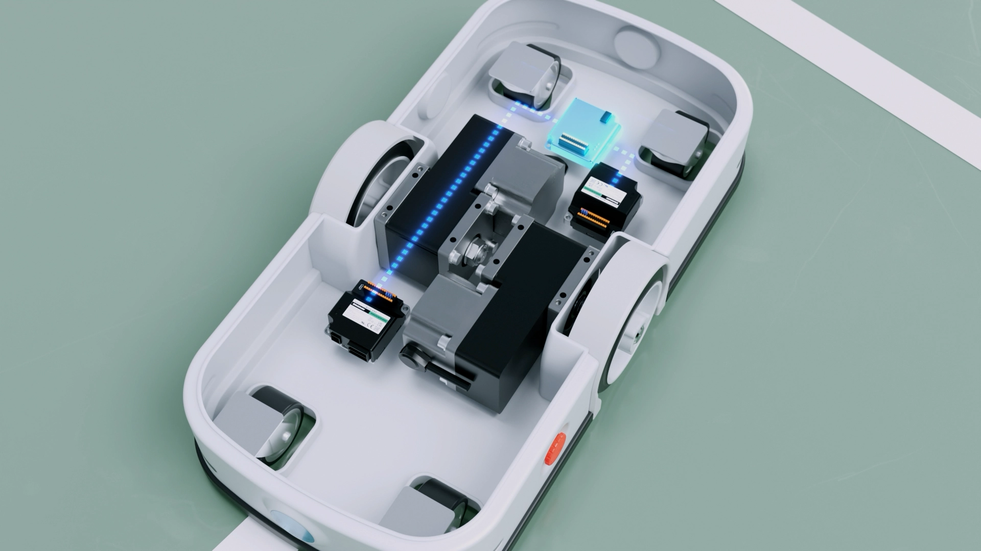 Cross section of the drive system including motor with blue LED lights, control board, and battery inside a white body 