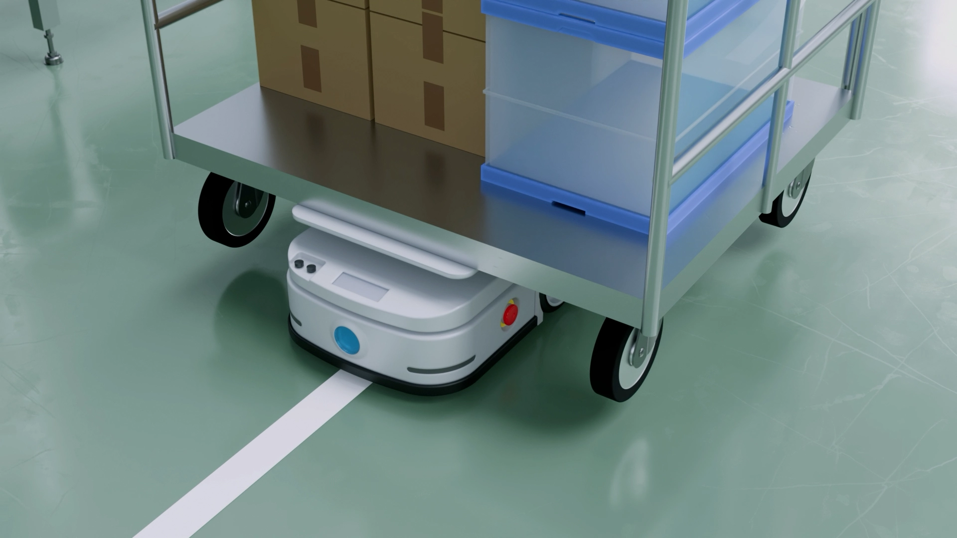 White small robot towing a cart with blue containers and cardboard boxes, moving along white guidelines on the floor 