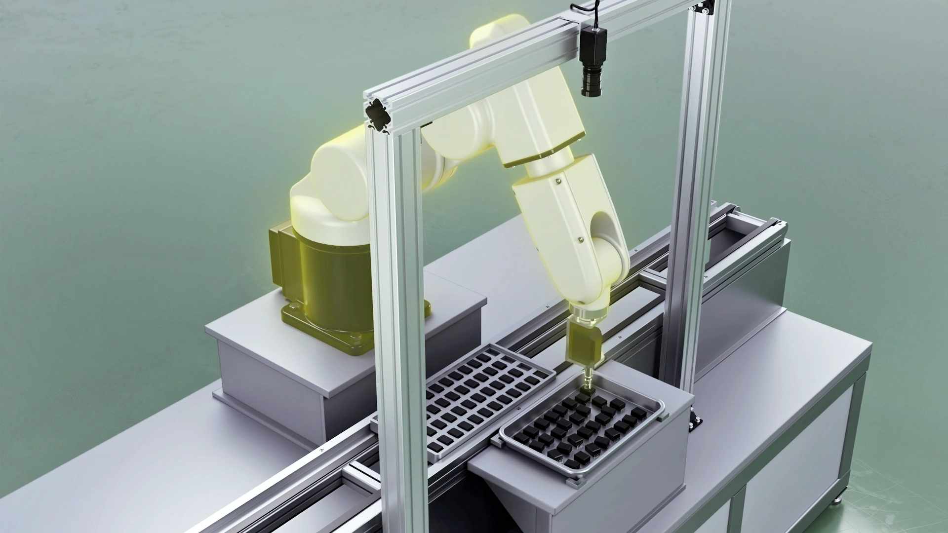 A 6-axis articulated robot with a yellow-green accent color in a white base performing precision work on a gray conveyor
