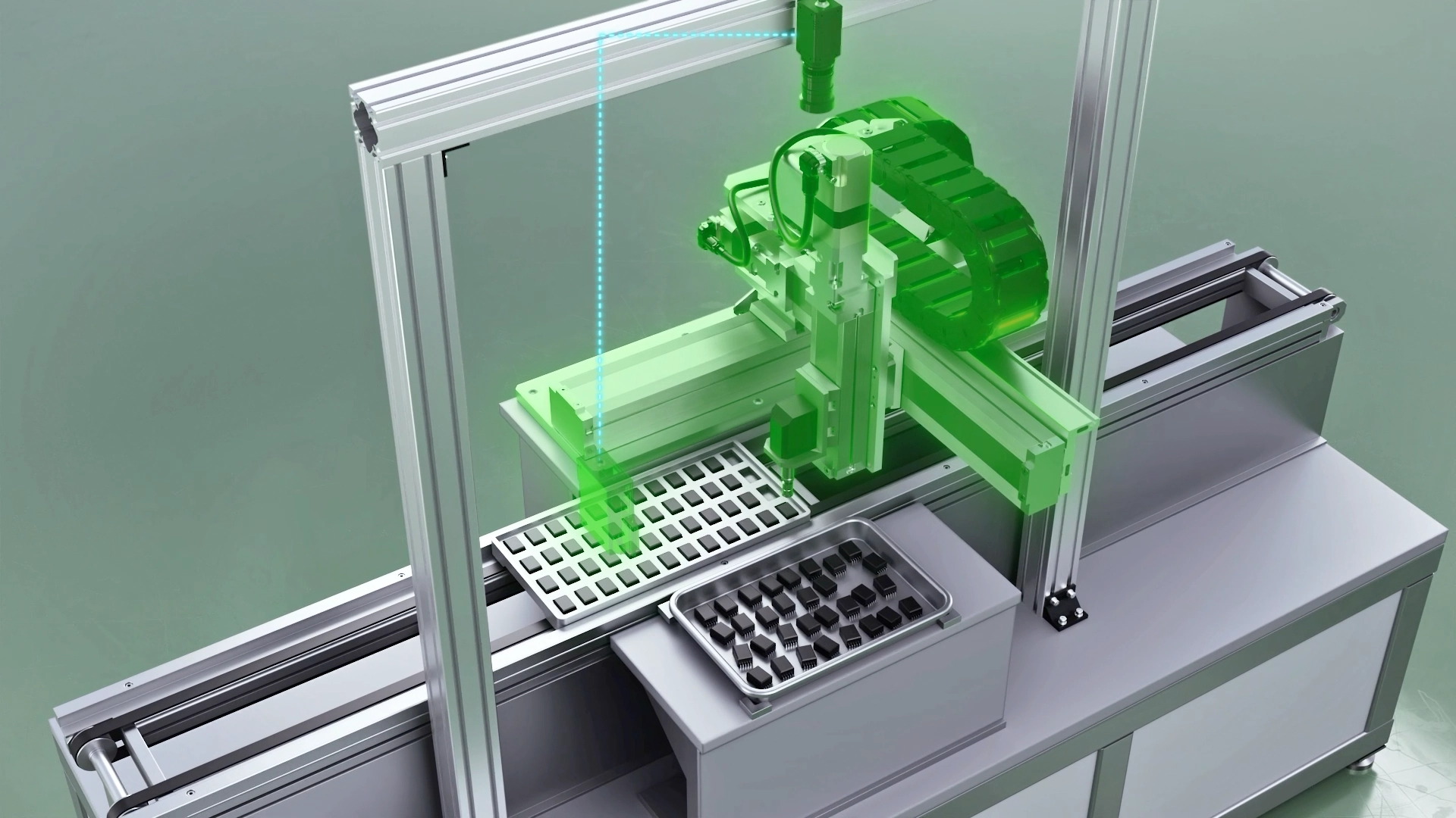 Automated system with a green 6-axis robot arm picking up black parts on a conveyor belt and performing precise positioning operations.