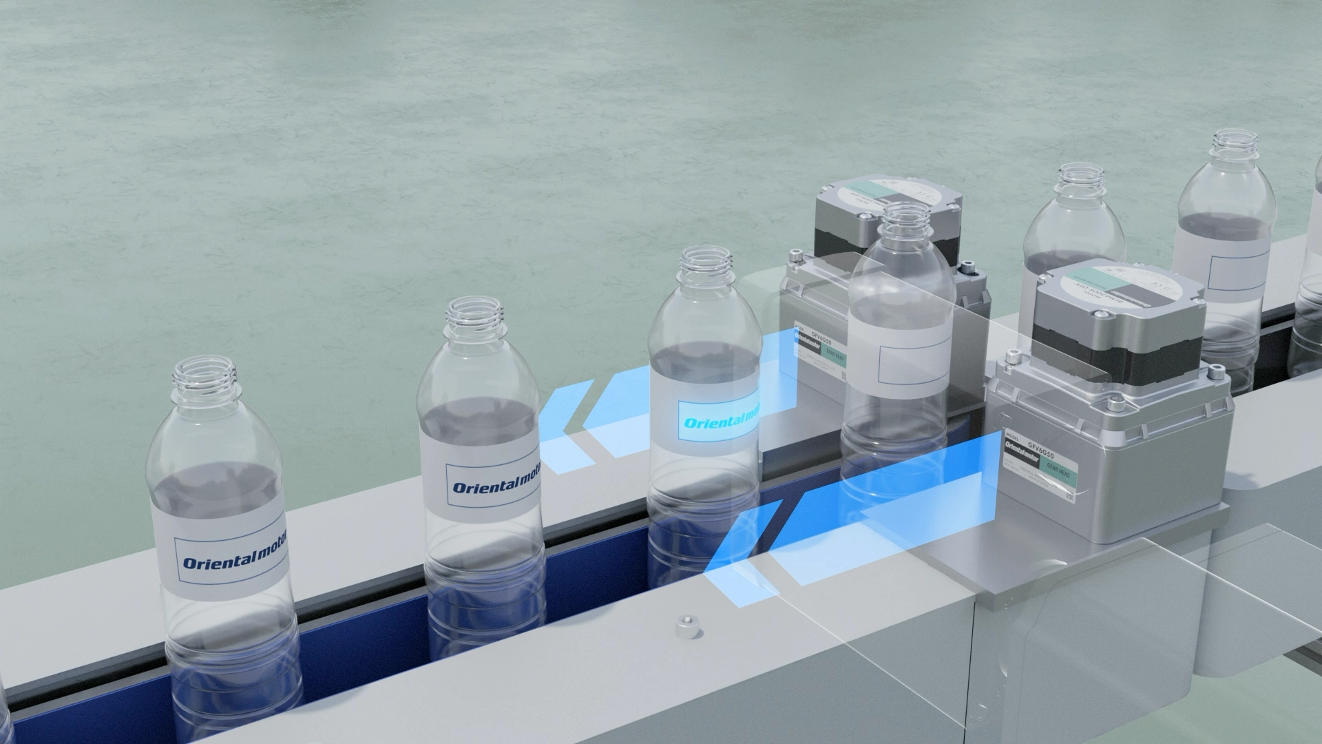 High-precision automatic labeling equipment using a cyan blue laser guide for simultaneous application of multiple labels on bottles, equipped with gray control module 
