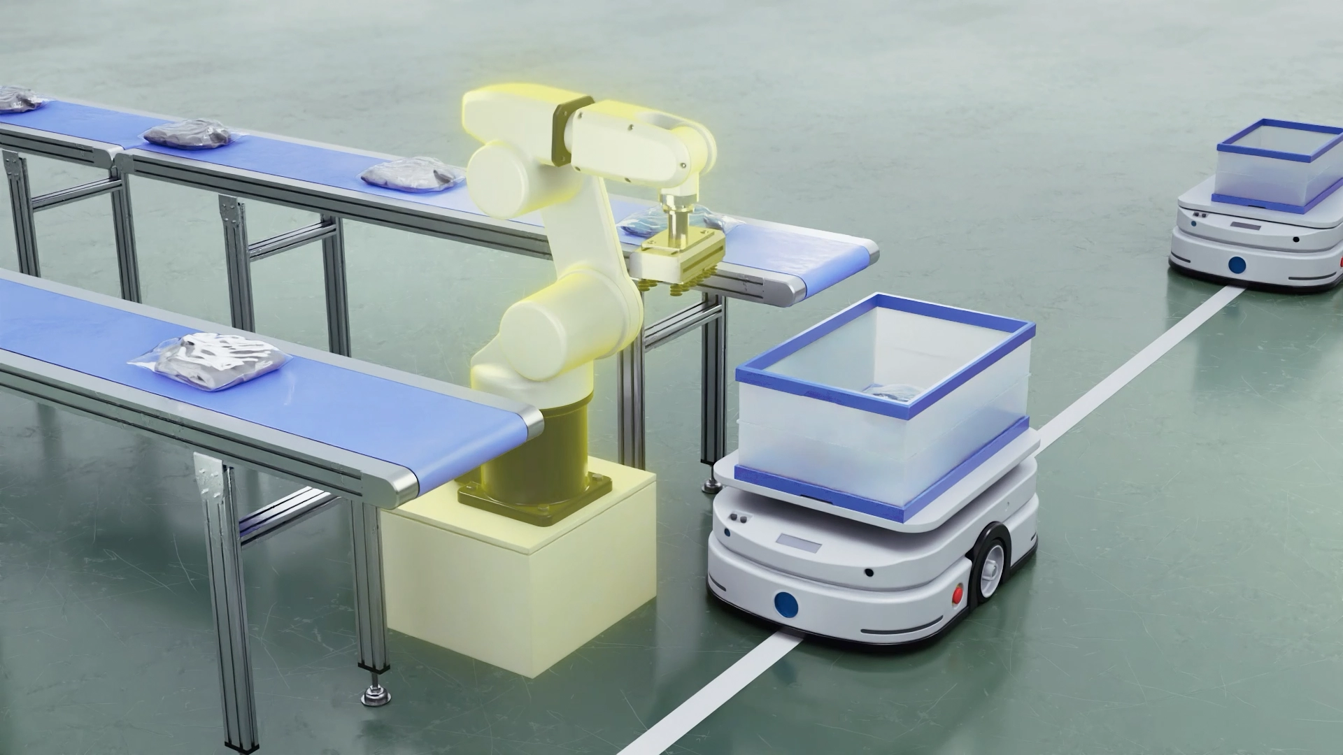 A collaborative robot system in which a yellow-glowing, 6-axis robot arm picks and places products on a blue belt conveyor, while a white AGV carries blue containers and moves along a white guide line