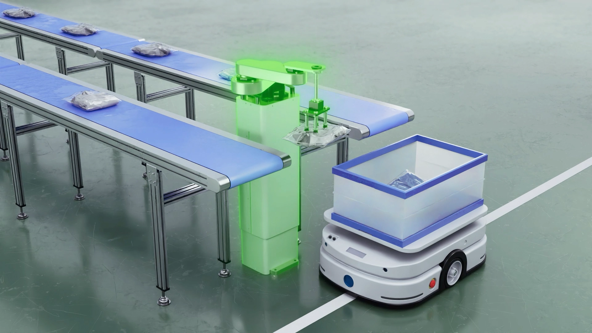 Automated manufacturing line with green-glowing SCARA robots performing product handling works on a blue conveyor and AGV transfer robots feeding parts into blue containers 