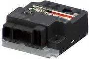 Compact electronic control component module. Features a black exterior with connectors and wiring terminals.
