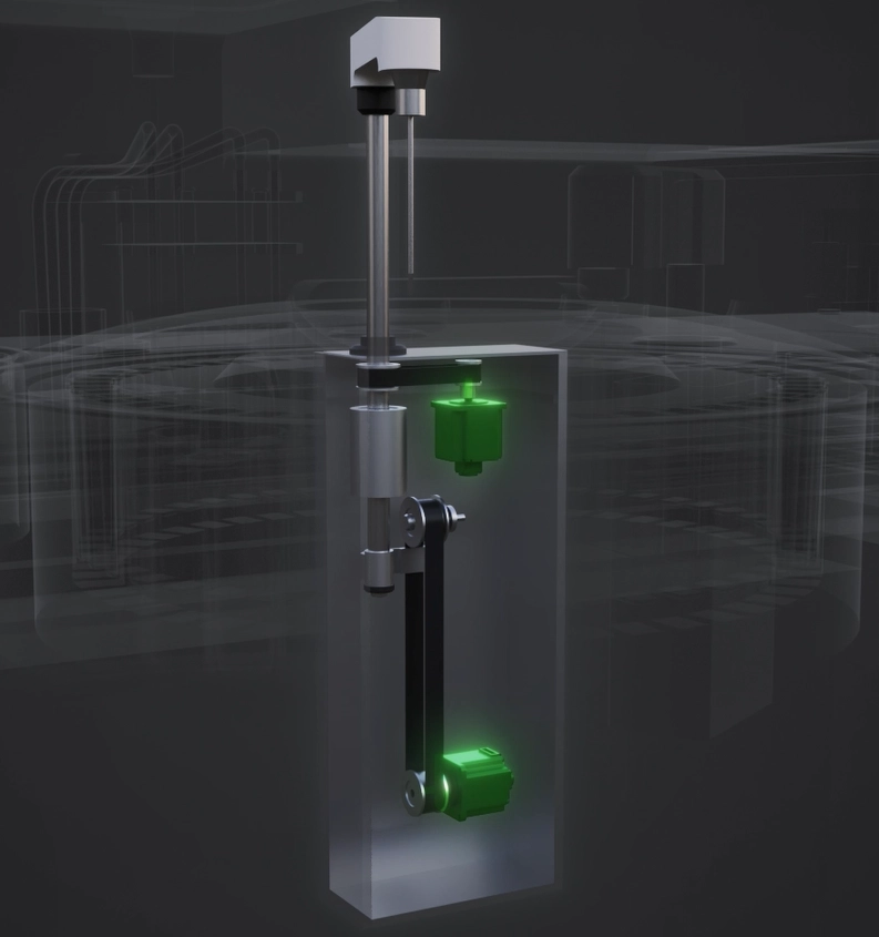 Inside the equipment with vertical 2-axis, structural diagram of the space saving, in which the number of drive units has been reduced by replacing them with motors with encoders. Driving parts are highlighted in green.